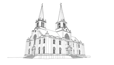 Kleurplaat van een grote kerk met twee spitsen en kruisen.