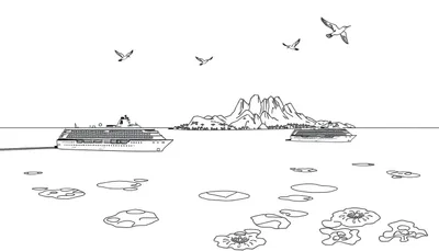 Kleurplaat van een oceaan met cruiseschepen en meeuwen.