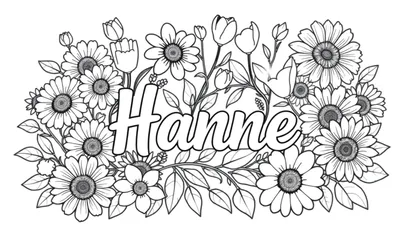 Kleurplaat met de naam Hanne omringd door bloemen, waaronder madeliefjes en tulpachtige bloemen.