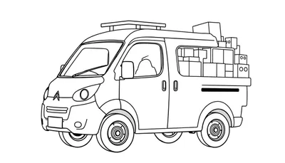 Kleurplaat van een volgeladen Citroën Nemo busje met dozen.