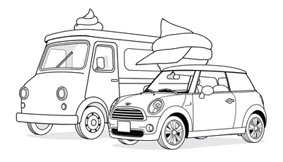 Kleurplaat van een ijscoman naast een Mini Cooper.