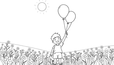 Zwart-wit kleurplaat van een lachende jongen met twee ballonnen in een bloemenveld onder de zon.
