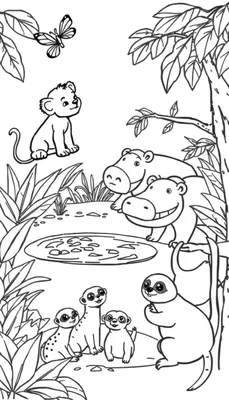 Een zwart-witte kleurplaat van jungle dieren, waaronder een leeuwenwelpje, vlinder, nijlpaarden, stokstaartjes en een luiaard.