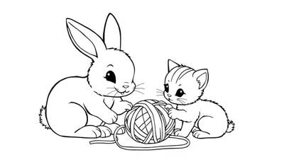 Kleurplaat van een konijntje en een katje die samen met een bol wol spelen.