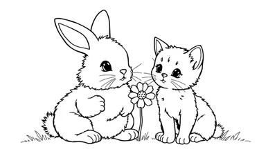 Kleurplaat van een konijn en een katje die samen naar een bloem kijken in het gras.