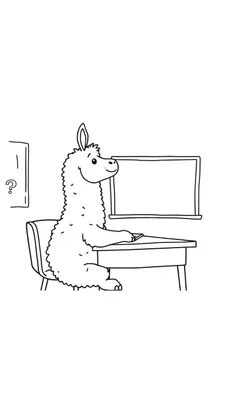 Schattige lama kleurplaat achter een computer