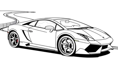 Zwart-wit kleurplaat van een Lamborghini sportwagen op een bochtige weg met vangrail.