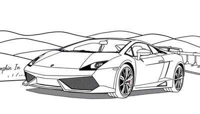 Kleurplaat van een stoere Lamborghini sportwagen in een berglandschap.