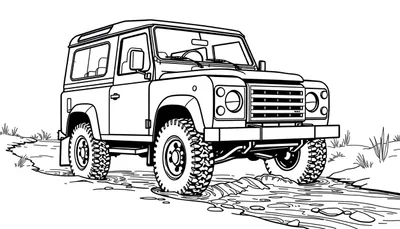 Zwart-wit tekening van een Land Rover Defender die door een beek rijdt, als een kleurplaat.