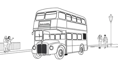 Kleurplaat van een Londense dubbeldekkerbus.