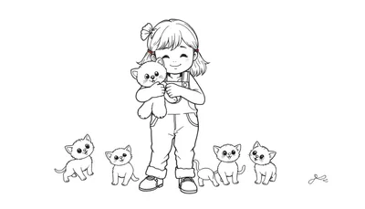 Kleurplaat van een lief meisje in tuinbroek met een knuffel en kittens.