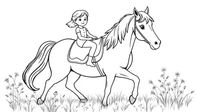Zwart-witte kleurplaat van een meisje dat op een paard rijdt door een bloemrijke weide.