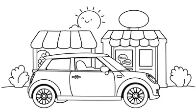 Kleurplaat van een Mini Cooper voor winkels met een lachende zon.