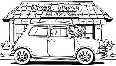 Kleurplaat van een Mini Cooper met een hond, voor een winkel genaamd 'Sweet Treee'.