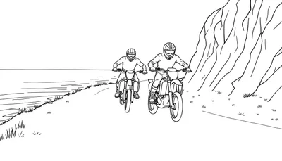 Kleurplaat: motorcrossers racen langs een ruig kustpad.