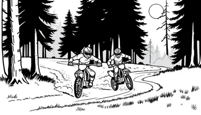 Zwart-wit kleurplaat van twee motorcrossers die door een bos rijden.