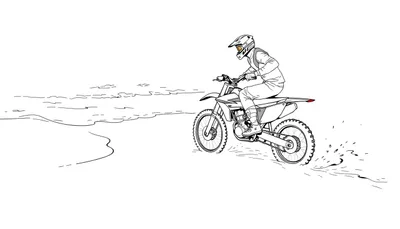 Kleurplaat: Een schets van een persoon op een motorfiets rijdt op een zandstrand met de oceaan op de achtergrond.