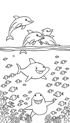 Kleurplaat van een onderwaterwereld met dolfijnen, haaien en vissen.