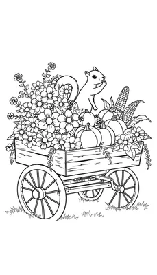 Een zwart-wit kleurplaat van een houten kar vol met herfstschatten, met een eekhoorn die eet.