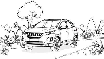 Kleurplaat van een cartoonachtige Peugeot 3008 op een landweg.