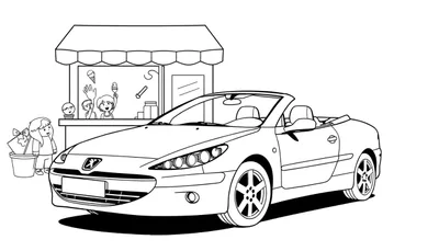 Zwart-witte kleurplaat van een Peugeot 307 Cabriolet met een ijsverkoper en kinderen.