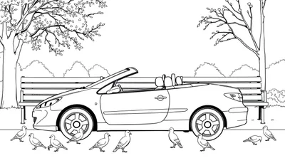 Kleurplaat van een Peugeot 307 Cabriolet in een park.