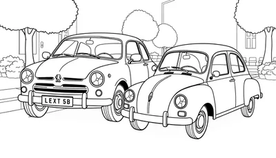 Zwart-wit kleurplaat van twee vintage auto's, een Peugeot en een Renault.