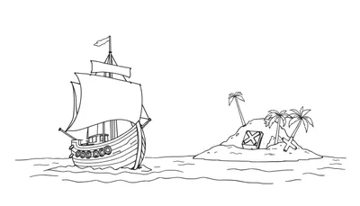 Een zwart-wit kleurplaat van een piratenschip met zeilen en een vlag, op weg naar een klein eiland met palmbomen en een grote 'X'.