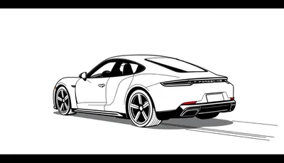 Kleurplaat van een witte Porsche Taycan van achteren gezien.