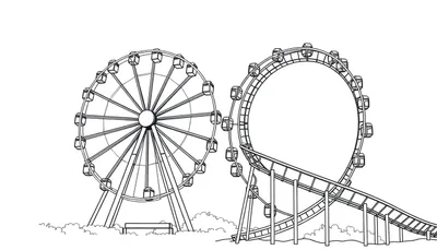 Een zwart-wit kleurplaat van een pretpark met twee reuzenraden en een achtbaan, met struiken bij de basis van de attracties.
