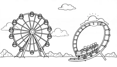 Zwart-wit kleurplaat van een pretpark met een reuzenrad en achtbaan.