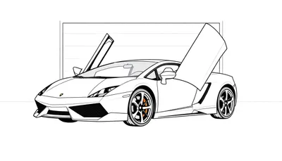Kleurplaat van een gestileerde Lamborghini Gallardo met open deuren.