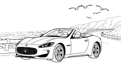 Kleurplaat van een witte Maserati cabriolet op een kustweg.