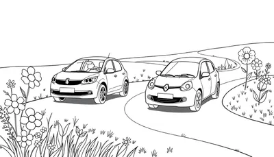 Kleurplaat van twee Renault auto's op een bochtige weg met bloemen.