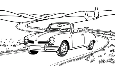 Kleurplaat van een vintage Renault cabriolet op een kronkelige weg.