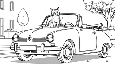 Kleurplaat van een klassieke Renault cabriolet met een kat op de motorkap, met een huis en boom op de achtergrond.