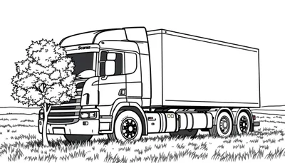 Kleurplaat van een grote Scania vrachtwagen in een veld.