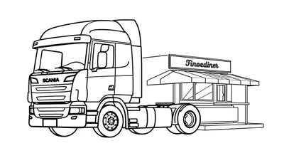 Kleurplaat van een Scania vrachtwagen met een Finoediner opbouw.