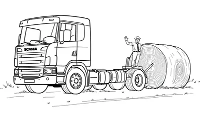 Kleurplaat van een Scania vrachtwagen met een man op een hooibaal.