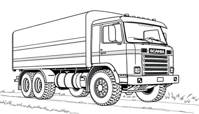 Kleurplaat van een stoere Scania vrachtwagen met grote wielen op een grasveld.