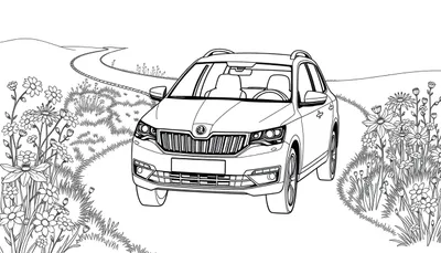 Een kleurplaat van een Skoda auto op een landweg.