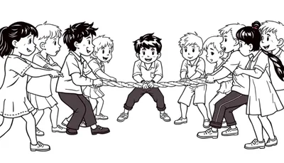 Zwart-witte kleurplaat van kinderen die touwtrekken, met een kind in het midden dat lacht.