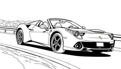 Zwart-witte lijntekening van een sportwagen als kleurplaat.