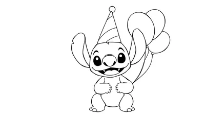 Zwart-wit kleurplaat van Stitch met een feesthoedje en ballonnen.