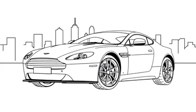 Een zwart-wit kleurplaat van een Aston Martin voor een stadsgezicht.