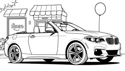 Zwart-wit kleurplaat van een BMW cabriolet met de kap omlaag, geparkeerd voor een bakkerij.