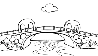 Kleurplaat van een boogbrug over een rivier met een wolk.