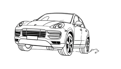 Zwart-wit kleurplaat van een Porsche Cayenne turbo in actie.