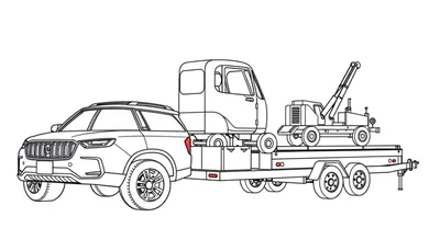 Kleurplaat van een grote SUV die een aanhanger trekt met een kleine truck en kraan.