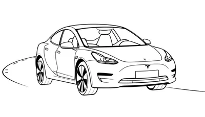Kleurplaat van een Tesla Model 3 in lijntekening, klaar om ingekleurd te worden.